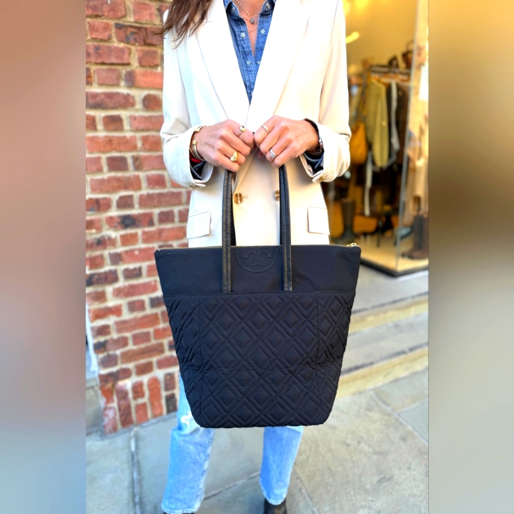 TORY BURCH Designer Nylon Tote Bag Black Purse Handbag